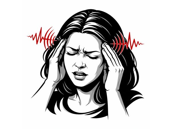 Illustration of a woman holding her ears with sound waves around her head